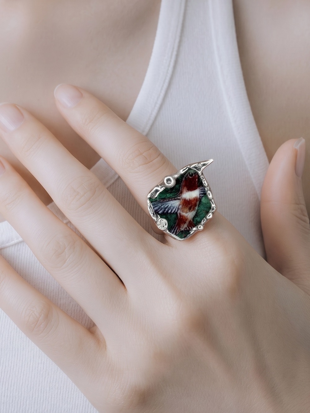 Lena Liu Hummingbird Broken China Ring - Silver Blend Boho Metalwork Size 8 | Al - Picture 4 of 16